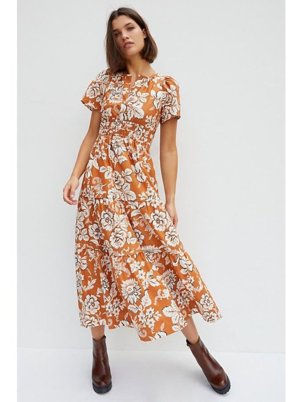 Anthropologie Somerset Maxi Dress Gold Floral Cotton Pockets Size XS Summer Fall